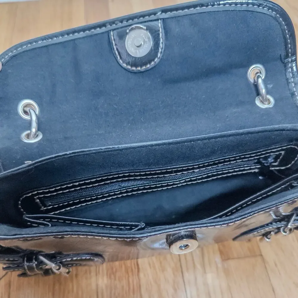 Y2K Franco Sarto Black Patent Leather Buckle Shoulder Bag